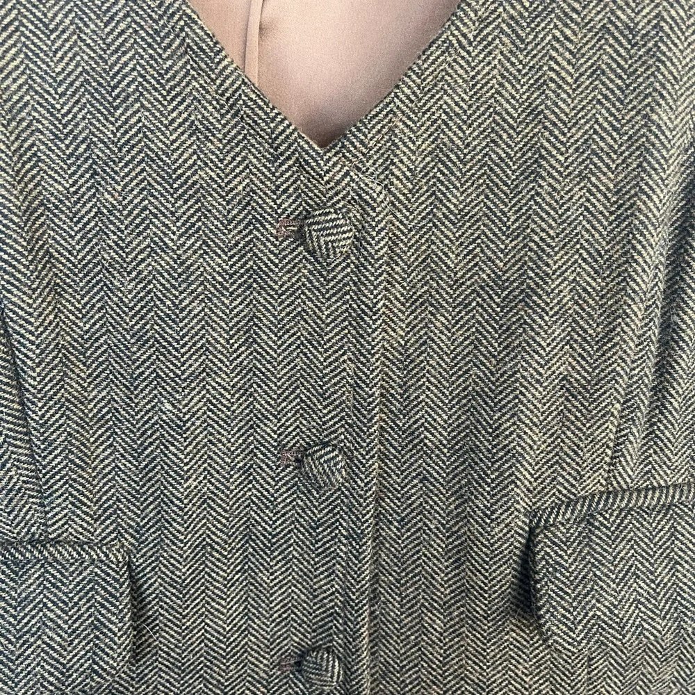 Women’s M/L Brown black handmade Herringbone Wool Sleeveless Button Dress - Picture 2 of 10